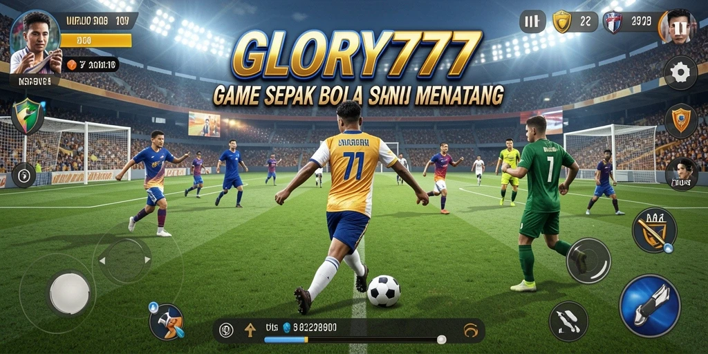 Screenshot gameplay GLORY777 yang menampilkan aksi mencetak gol di lapangan