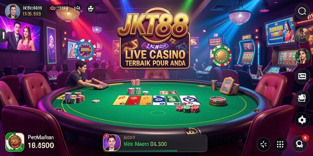 Screenshot permainan JKT88 yang menunjukkan dealer dan meja permainan Live Casino.