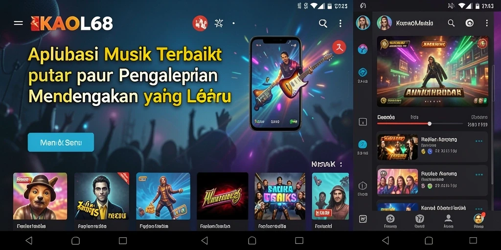 Screenshot KAOL68 menampilkan antarmuka interaktif dan berbagai pilihan musik.
