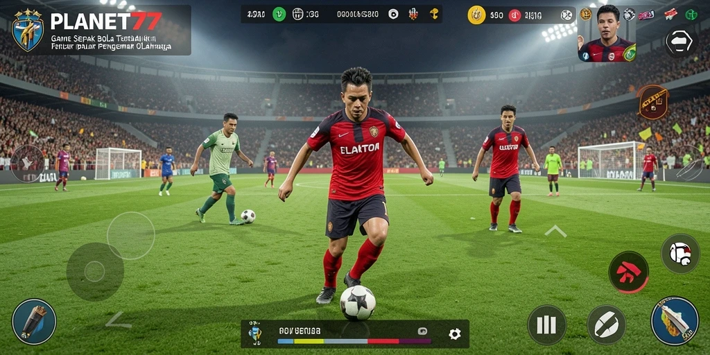 Screenshot utama menunjukkan aksi pertandingan sepak bola yang mendebarkan.