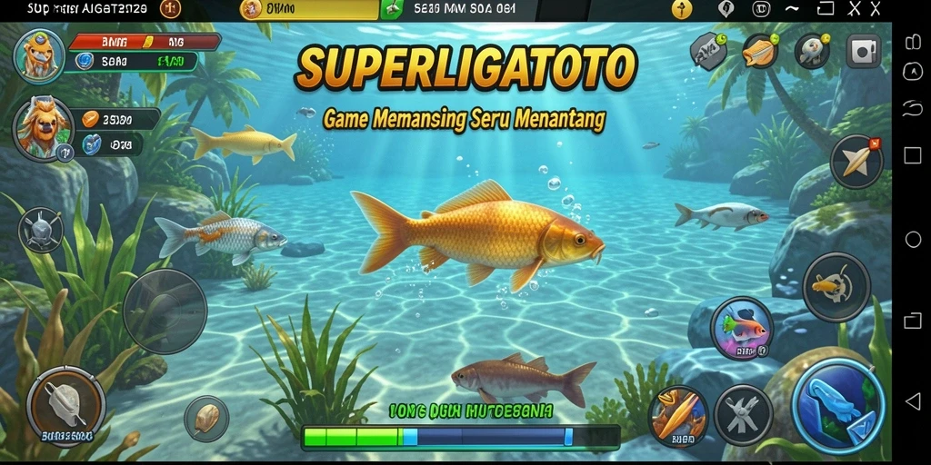 Screenshot gameplay SUPERLIGATOTO dengan aksi memancing yang mendebarkan.